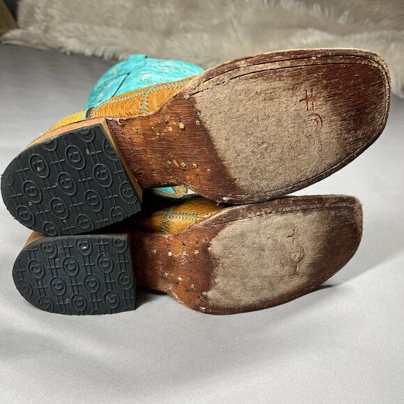 Vtg Circle G Boots Womens Sz 8.5M Western Square Toe Turquoise & Brown Cowgirl - Picture 10 of 16